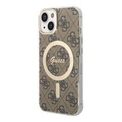 Guess для iPhone 15 Plus чехол PC/TPU 4G Hard Brown/Gold (MagSafe)