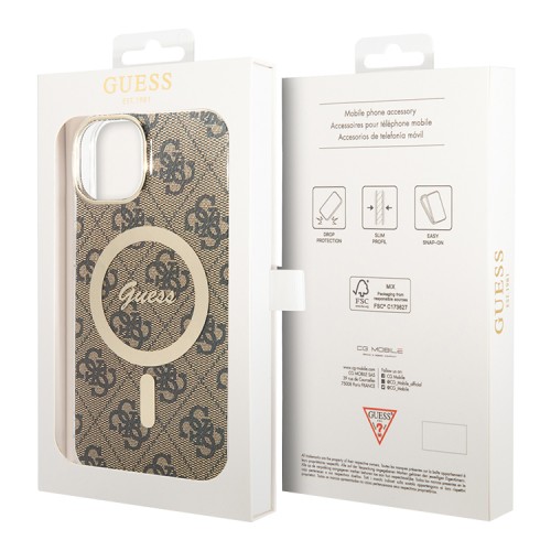Guess для iPhone 15 Plus чехол PC/TPU 4G Hard Brown/Gold (MagSafe)