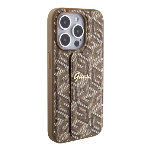 Guess для iPhone 15 Pro чехол GripStand PU G CUBE with Script metal logo Hard Brown