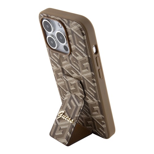 Guess для iPhone 15 Pro чехол GripStand PU G CUBE with Script metal logo Hard Brown