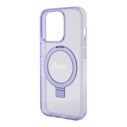 Guess для iPhone 15 Pro чехол PC/TPU Script logo + Ring stand Hard Glitter Purple (MagSafe)