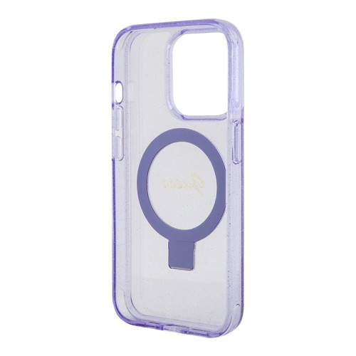 Guess для iPhone 15 Pro чехол PC/TPU Script logo + Ring stand Hard Glitter Purple (MagSafe)