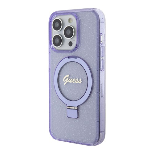Guess для iPhone 15 Pro чехол PC/TPU Script logo + Ring stand Hard Glitter Purple (MagSafe)