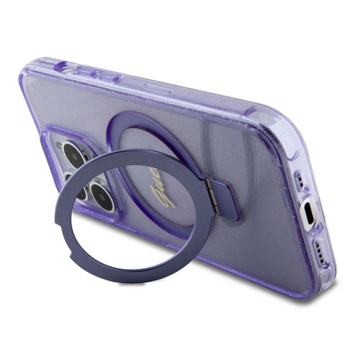 Guess для iPhone 15 Pro чехол PC/TPU Script logo + Ring stand Hard Glitter Purple (MagSafe)