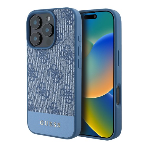 Guess для iPhone 16 Pro чехол PU-кожа 4G Bottom stripe Metal logo Blue