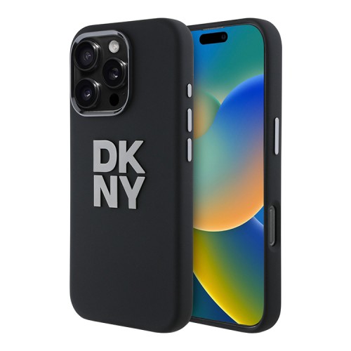 DKNY для iPhone 16 Pro Max чехол Liquid Silicone Stack Metal logo and Camera Hard Black