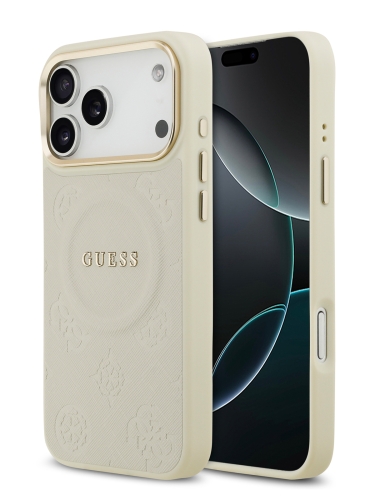 Guess для iPhone 17 Pro Max чехол PU Saffiano Peony Metal logo Gold camera Hard Beige (MagSafe)
