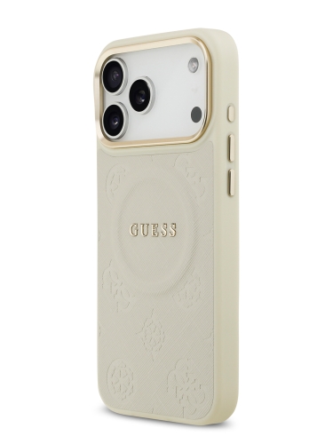 Guess для iPhone 17 Pro Max чехол PU Saffiano Peony Metal logo Gold camera Hard Beige (MagSafe)
