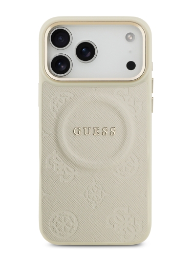 Guess для iPhone 17 Pro Max чехол PU Saffiano Peony Metal logo Gold camera Hard Beige (MagSafe)