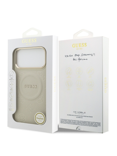 Guess для iPhone 17 Pro Max чехол PU Saffiano Peony Metal logo Gold camera Hard Beige (MagSafe)