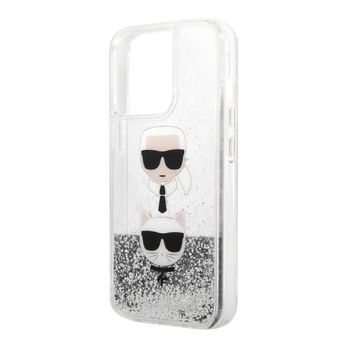 Чехол Karl Lagerfeld Liquid glitter Karl and Choupette heads Hard для iPhone 13 Pro, серебристый