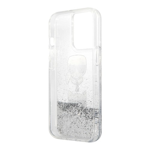 Чехол Karl Lagerfeld Liquid glitter Karl and Choupette heads Hard для iPhone 13 Pro, серебристый