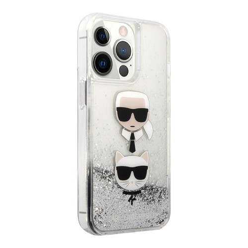 Чехол Karl Lagerfeld Liquid glitter Karl and Choupette heads Hard для iPhone 13 Pro, серебристый