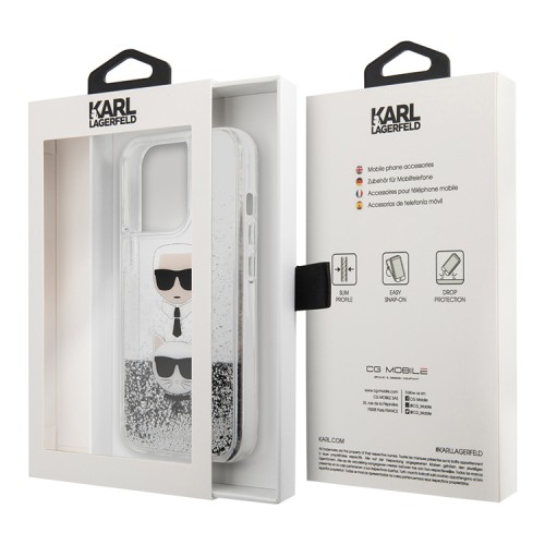 Чехол Karl Lagerfeld Liquid glitter Karl and Choupette heads Hard для iPhone 13 Pro, серебристый