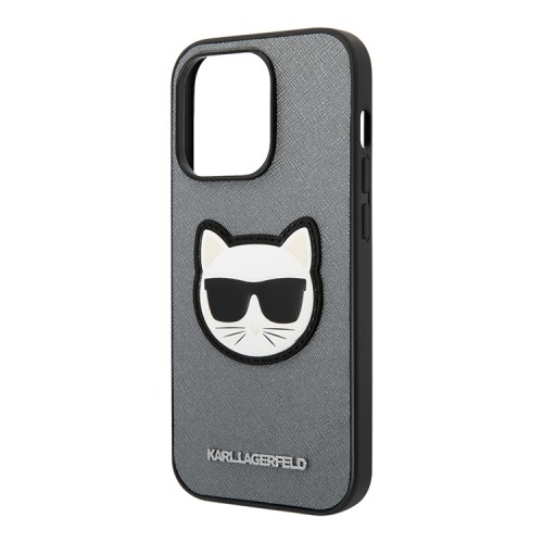 Чехол Lagerfeld PU Saffiano Choupette head Patch Hard для iPhone 14 Pro, серебристый