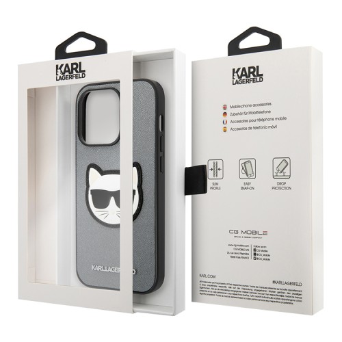 Чехол Lagerfeld PU Saffiano Choupette head Patch Hard для iPhone 14 Pro, серебристый