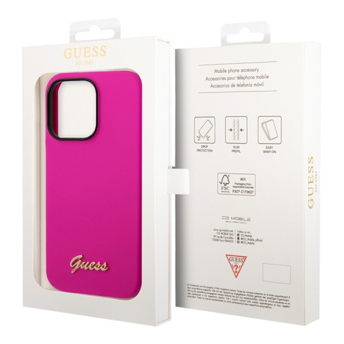 Чехол Guess Liquid Silicone Gold Metal logo для iPhone 14 Pro Max, фуксия