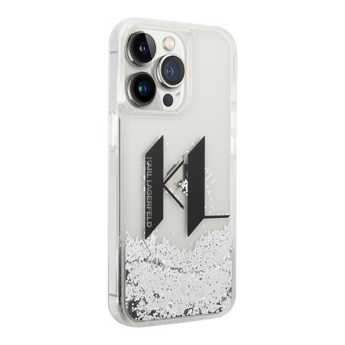 Чехол Lagerfeld Liquid glitter Big KL logo Hard для iPhone 14 Pro, серебристый