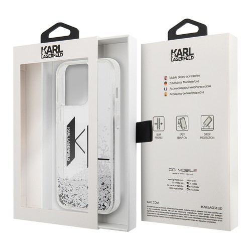 Чехол Lagerfeld Liquid glitter Big KL logo Hard для iPhone 14 Pro, серебристый