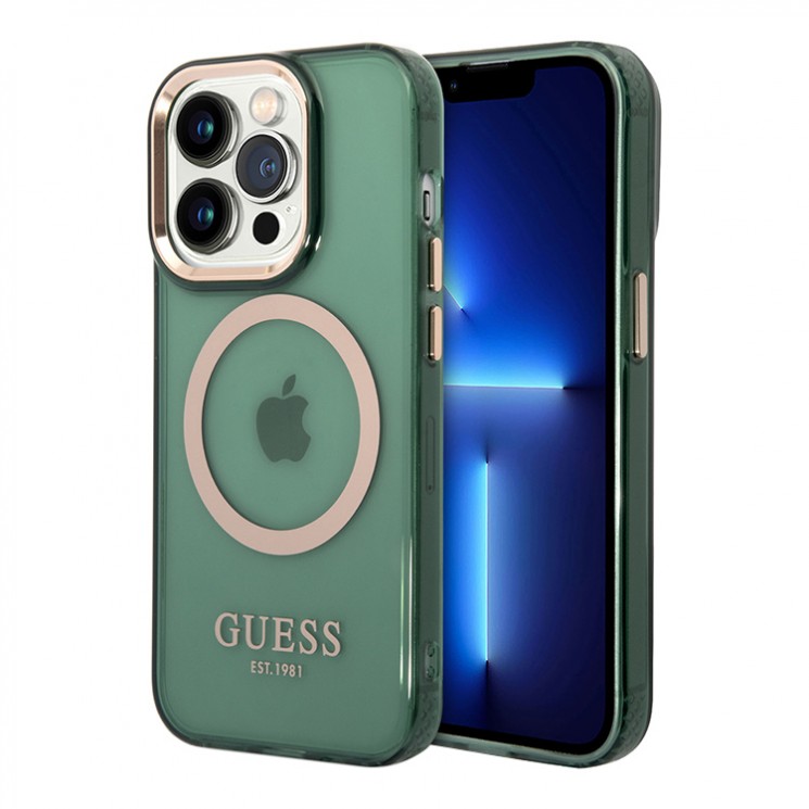 Чехол Guess Metal outline Hard Translucent для iPhone 14 Pro Max, зеленый/золотой (MagSafe)