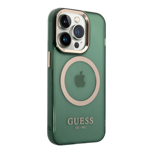 Чехол Guess Metal outline Hard Translucent для iPhone 14 Pro Max, зеленый/золотой (MagSafe)