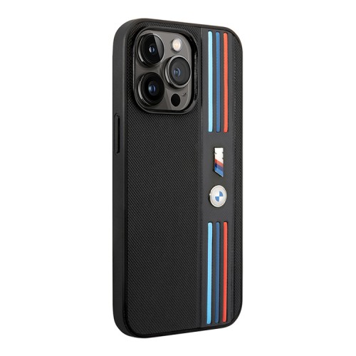 Чехол BMW M-Collection PU Mesh Tricolor lines Hard для iPhone 14 Pro, черный