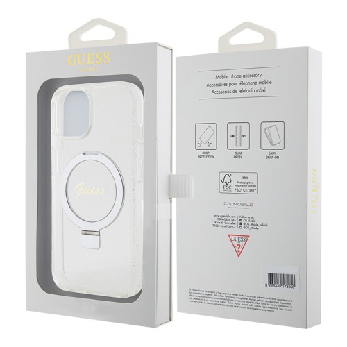 Guess для iPhone 15 Plus чехол PC/TPU Script logo + Ring stand Hard Glitter Transp (MagSafe)