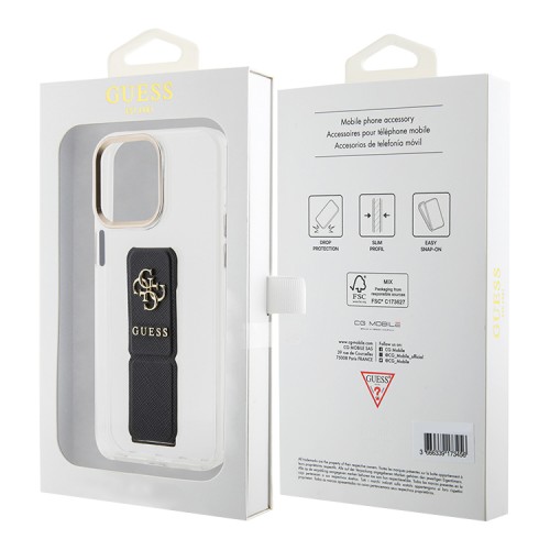 Guess для iPhone 15 Pro чехол GripStand PU Saffiano with 4G Big metal logo Hard Clear/Black