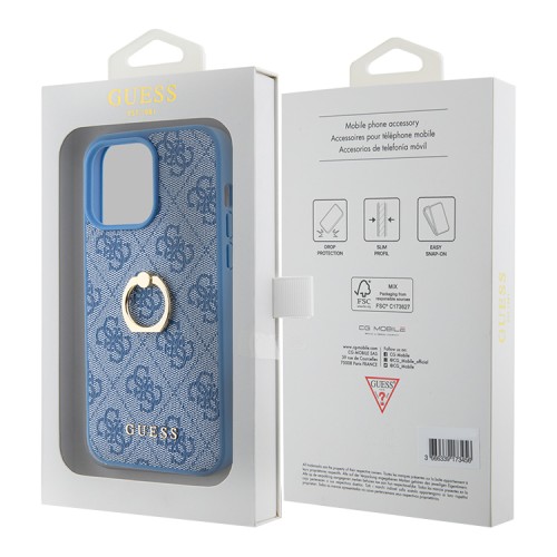 Guess для iPhone 15 Pro чехол PU 4G + Ring Hard Blue