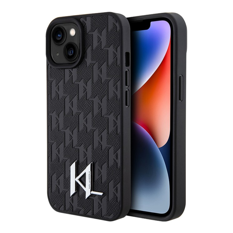 Lagerfeld для iPhone 15 чехол PU Saffiano Monogram Metal logo Hard Black