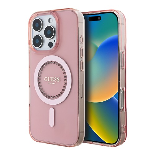 Guess для iPhone 16 Pro Max чехол PC/TPU Diamond Rhinestone Circle Pink (MagSafe)