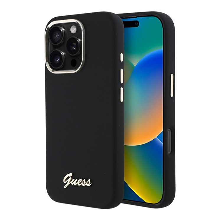 Guess для iPhone 16 Pro Max чехол Liquid silicone Gold metal logo & Camera frame Hard Black