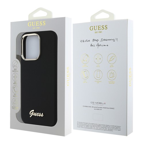 Guess для iPhone 16 Pro Max чехол Liquid silicone Gold metal logo & Camera frame Hard Black