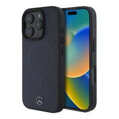 Mercedes для iPhone 16 Pro чехол Leather Plain Smooth with Ring Metal logo Hard Navy (MagSafe)
