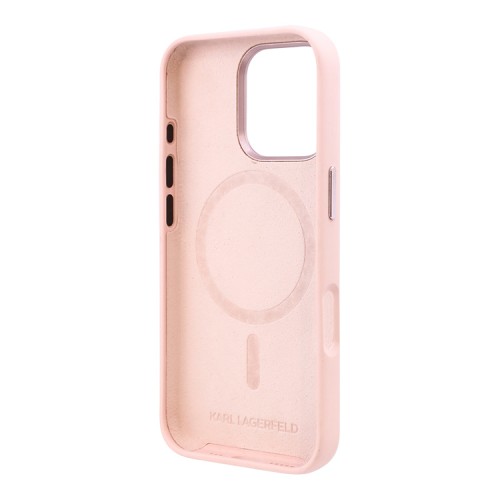 Karl Lagerfeld для iPhone 16 Pro Max чехол Liquid Silicone Shadow Metal logo & Camera Pink (MagSafe)