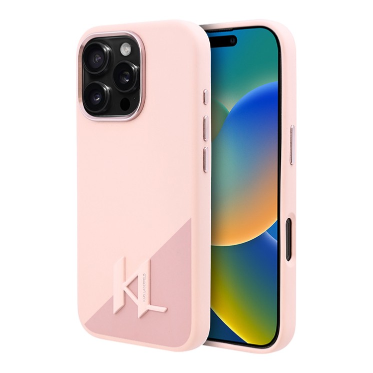 Karl Lagerfeld для iPhone 16 Pro Max чехол Liquid Silicone Shadow Metal logo & Camera Pink (MagSafe)