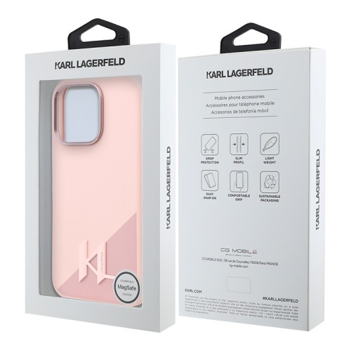 Karl Lagerfeld для iPhone 16 Pro Max чехол Liquid Silicone Shadow Metal logo & Camera Pink (MagSafe)