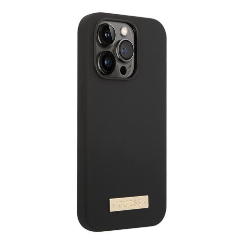Чехол Guess Liquid Silicone Plate metal logo Hard для iPhone 14 Pro Max, черный (Magsafe)