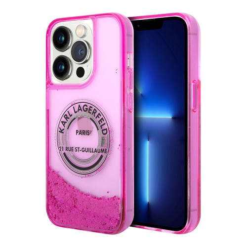 Чехол Lagerfeld Liquid glitter RSG logo Hard для iPhone 14 Pro, розовый