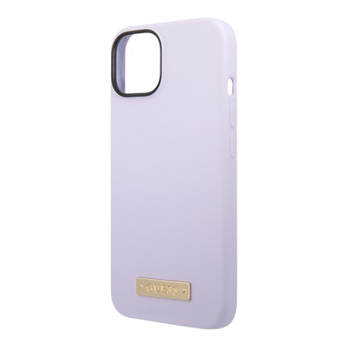 Чехол Guess Liquid Silicone Plate metal logo Hard для iPhone 14 Plus, фиолетовый (Magsafe)