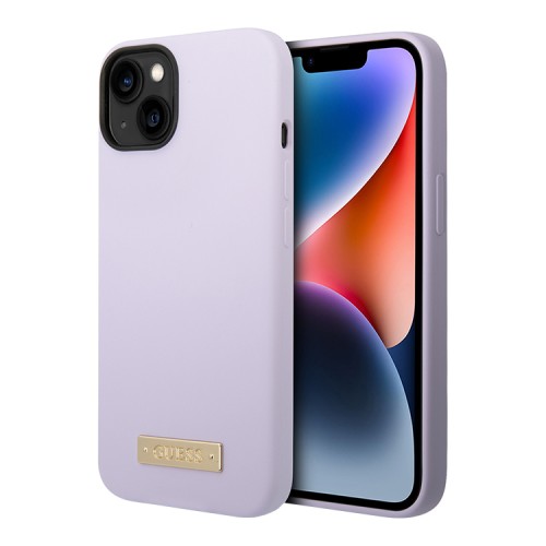 Чехол Guess Liquid Silicone Plate metal logo Hard для iPhone 14 Plus, фиолетовый (Magsafe)