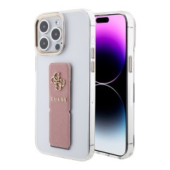 Guess для iPhone 15 Pro чехол GripStand PU Saffiano with 4G Big metal logo Hard Clear/Pink