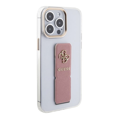 Guess для iPhone 15 Pro чехол GripStand PU Saffiano with 4G Big metal logo Hard Clear/Pink