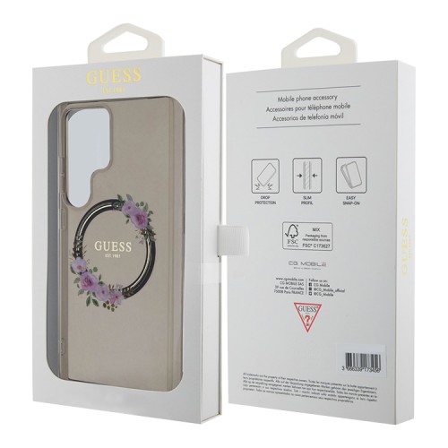 Guess для Galaxy S24 Ultra чехол PC/TPU Flowers Wreath Hard Black (MagSafe)