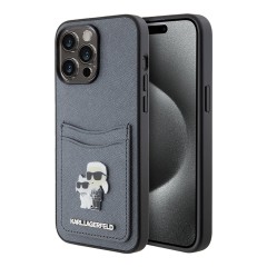 Lagerfeld для iPhone 15 Pro чехол Cardslot PU Saffiano NFT Karl &amp; Choupette metal Hard Grey