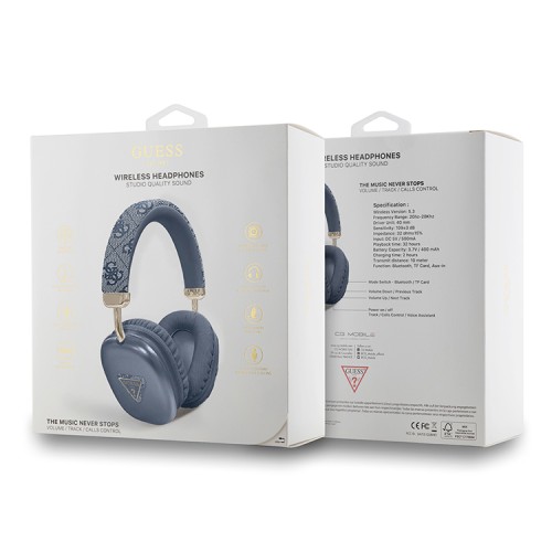 Guess наушники беспроводные накладные Bluetooth Headphones PU 4G Triangle Metal Logo Blue