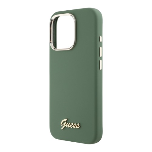Guess для iPhone 16 Pro Max чехол Liquid silicone Gold metal logo & Camera frame Hard Khaki