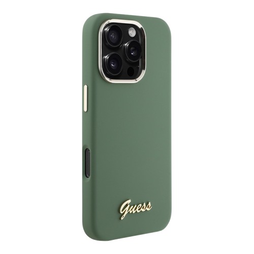 Guess для iPhone 16 Pro Max чехол Liquid silicone Gold metal logo & Camera frame Hard Khaki