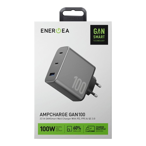 Energea СЗУ AmpCharge GaN100, 2USB-C + USB-A PD/PPS/QC3.0 total 100W Gunmetal