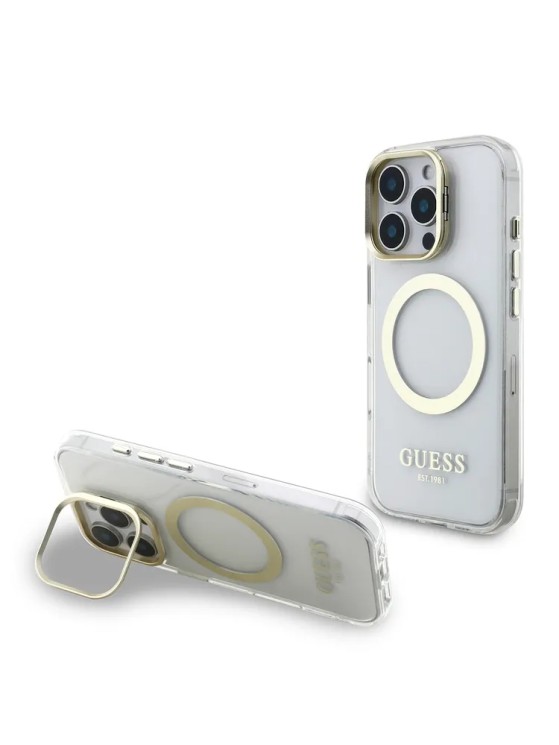 Guess для iPhone 16 Pro чехол PC/TPU Metal outline and Camera Stand Hard Transp/Gold (MagSafe)